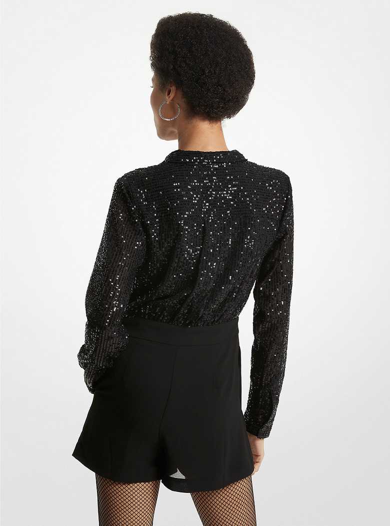 Michaelkors Pinstripe Sequined Chiffon and Woven Tie-Neck Pretas | SN-MK26685