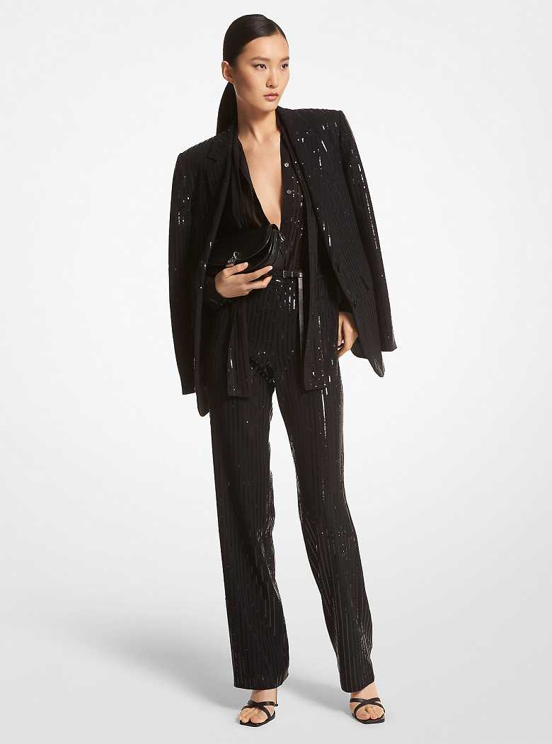 Michaelkors Pinstripe Sequined Crepe Boyfriend Pretas | SN-MK26606