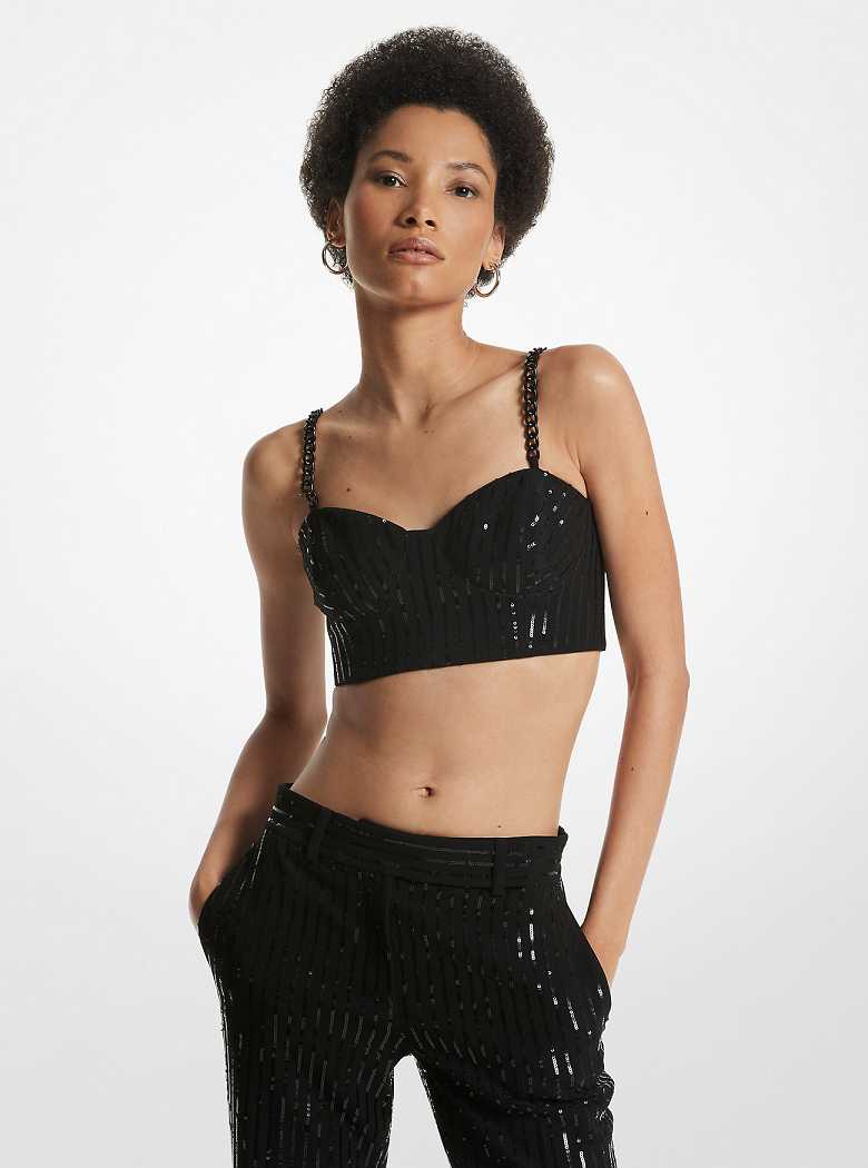Michaelkors Pinstripe Sequined Crepe Bustier Top Pretas | SN-MK26524