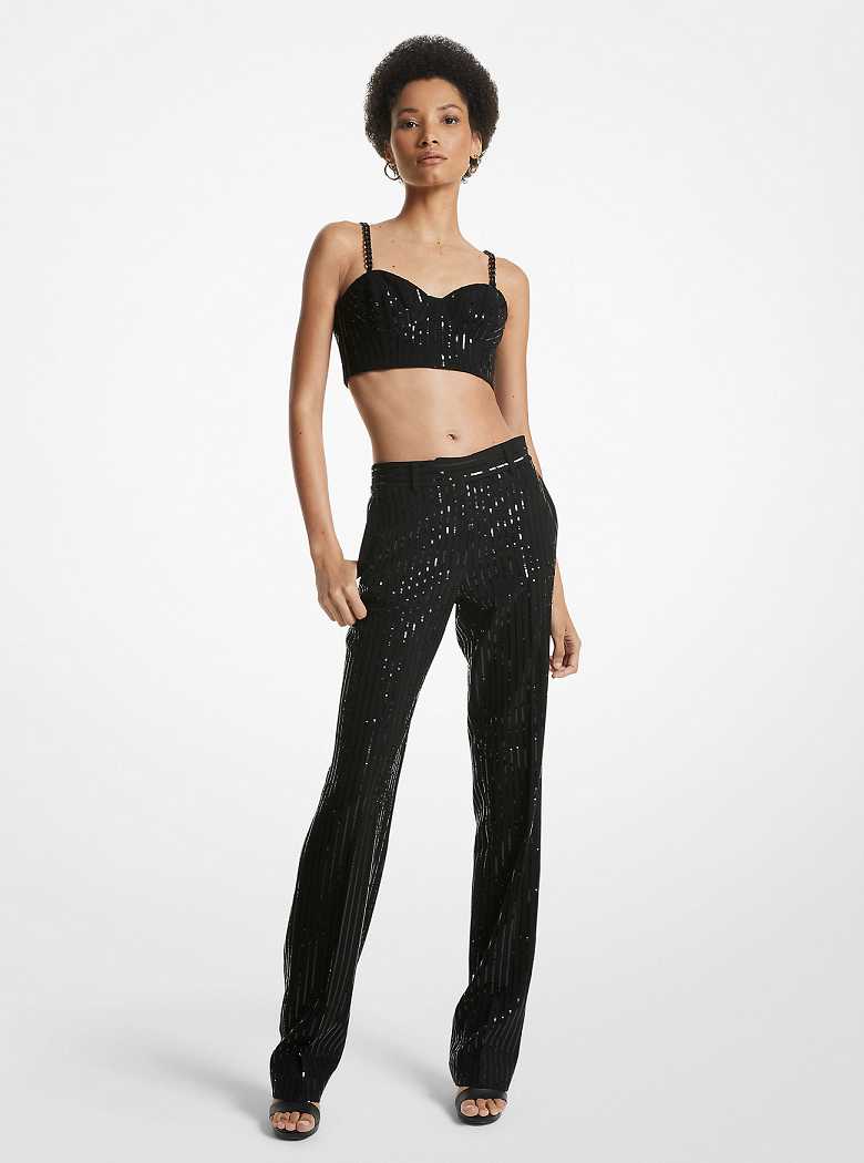 Michaelkors Pinstripe Sequined Crepe Straight-Leg Pretas | SN-MK26556