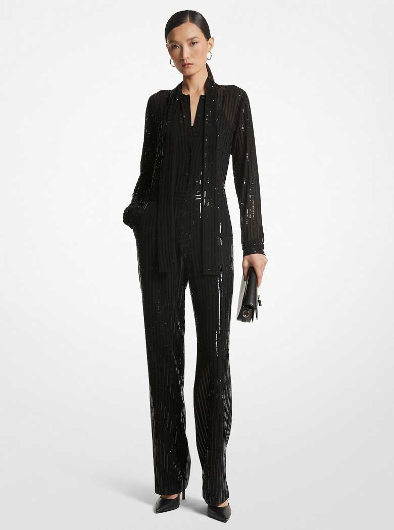 Michaelkors Pinstripe Sequined Georgette Pretas | SN-MK26752
