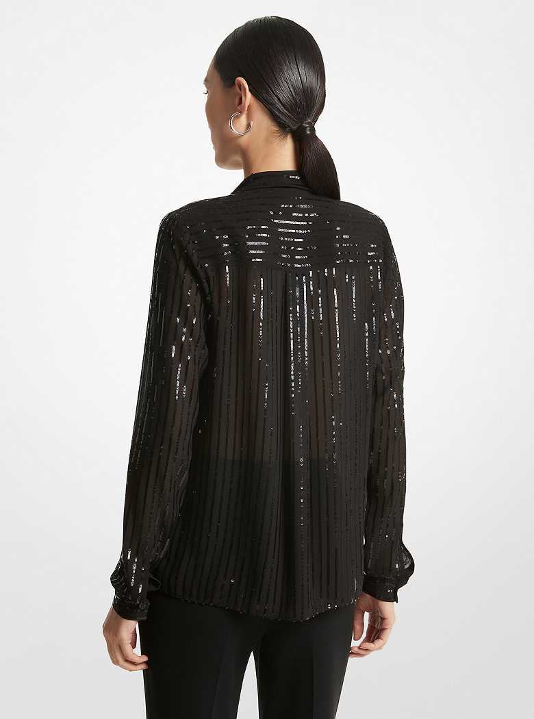 Michaelkors Pinstripe Sequined Georgette Tie-Neck Blouse Pretas | SN-MK26529