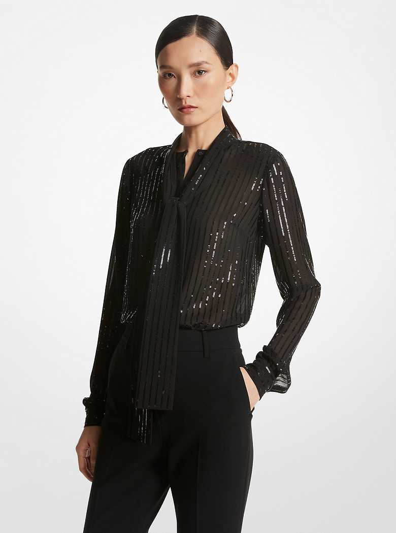 Michaelkors Pinstripe Sequined Georgette Tie-Neck Blouse Pretas | SN-MK26529
