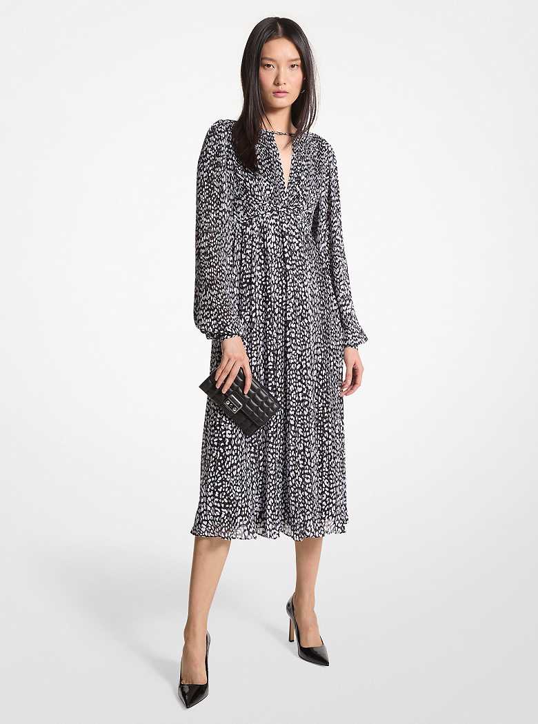 Michaelkors Pleated Leopard Print Georgette Midi Pretas Branco | SN-MK26665