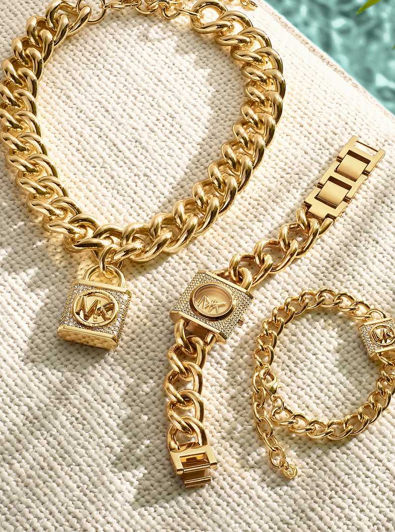 Michaelkors Precious Metal-Plated Brass Pavé Lock Curb Link Douradas | SN-MK27805