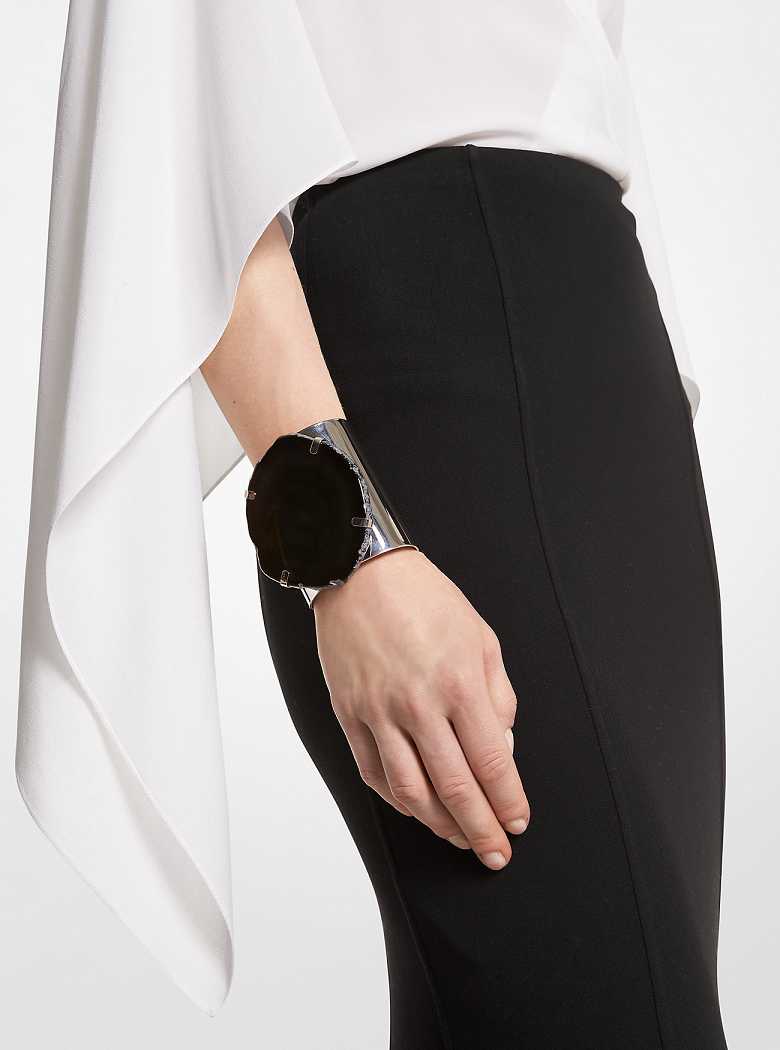 Michaelkors Precious Metal-Plated Brass and Agate Cuff Pretas Prateadas | SN-MK27791