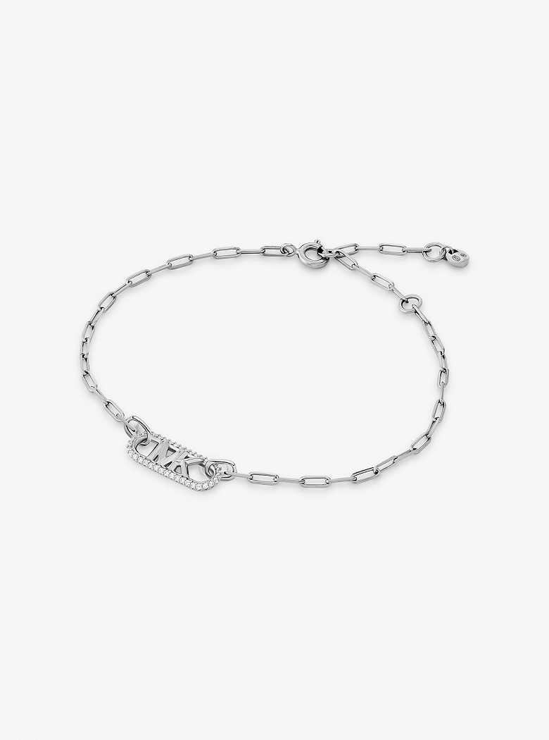 Michaelkors Precious Metal-Plated Sterling Silver Pavé Empire Logo Chain Link Prateadas | SN-MK27719