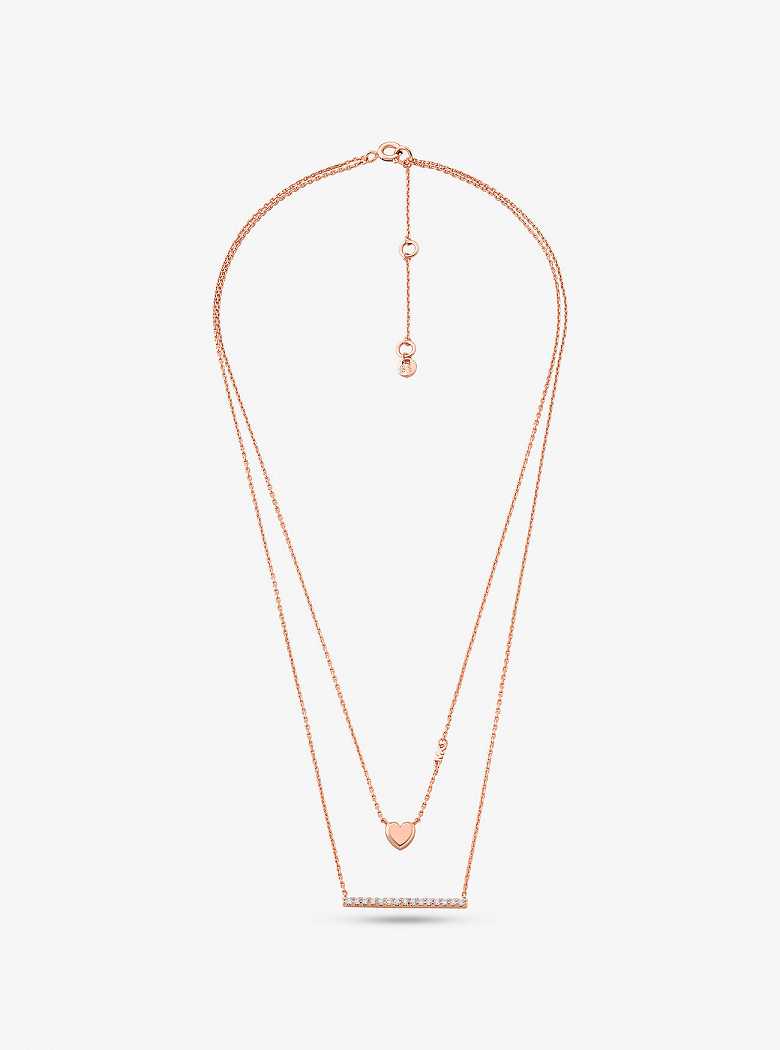 Michaelkors Precious Metal-Plated Sterling Silver Double Heart and Pavé Bar Rosa Douradas | SN-MK27790