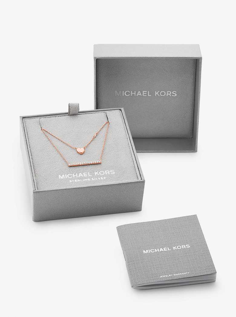 Michaelkors Precious Metal-Plated Sterling Silver Double Heart and Pavé Bar Rosa Douradas | SN-MK27790
