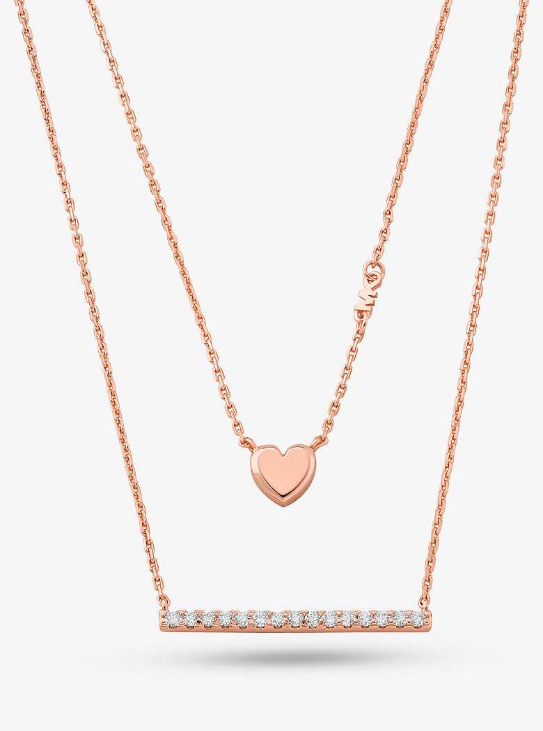 Michaelkors Precious Metal-Plated Sterling Silver Double Heart and Pavé Bar Rosa Douradas | SN-MK27790