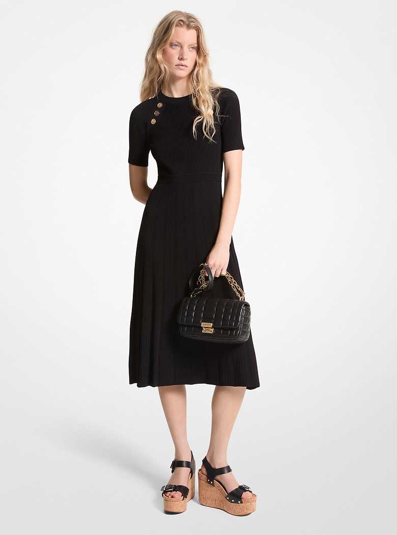 Michaelkors Ribbed Stretch Knit Button Midi Pretas | SN-MK26662