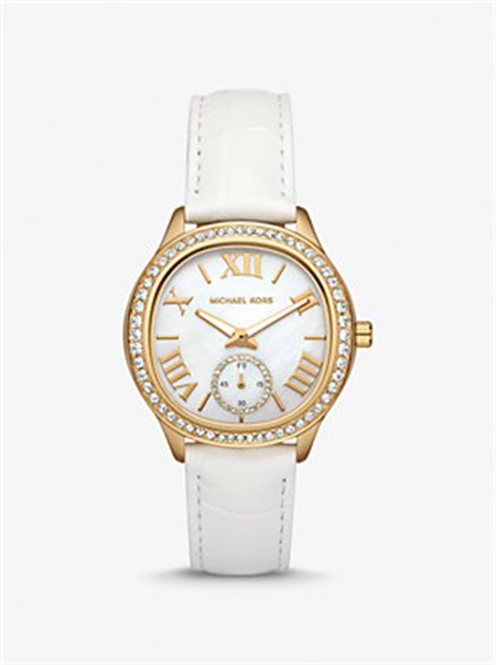 Michaelkors Sage Pavé Gold-Tone and Crocodile Embossed Leather Watch Branco | SN-MK28374