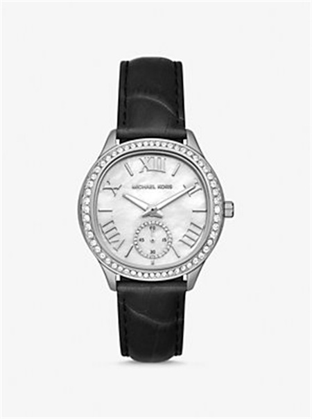 Michaelkors Sage Pavé Silver-Tone and Crocodile Embossed Leather Watch Pretas | SN-MK28371