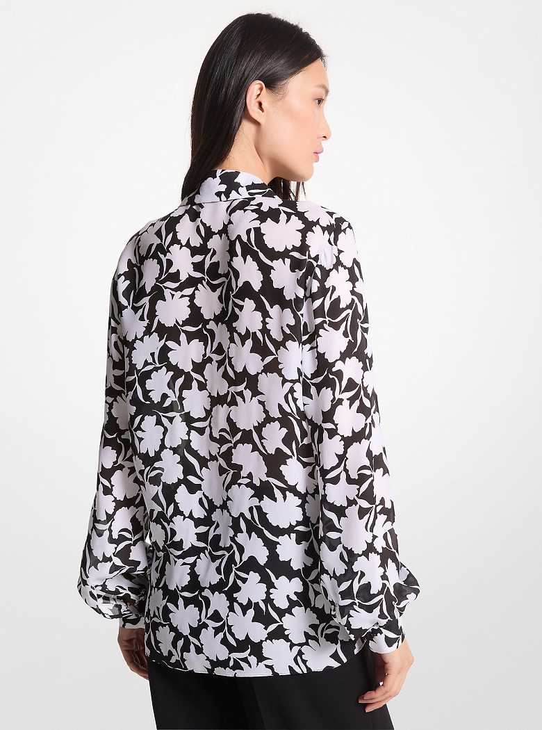 Michaelkors Shadow Floral Georgette Tie-Neck Blouse Pretas Branco | SN-MK26512