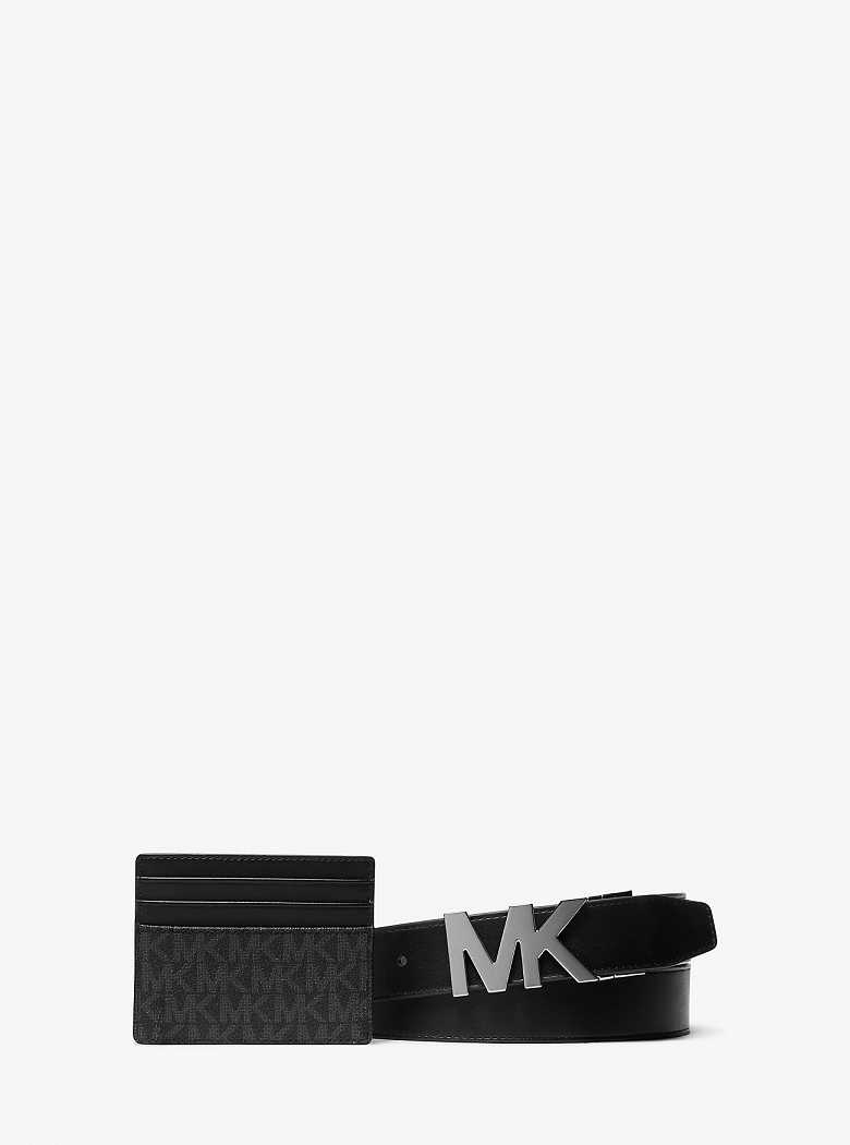 Michaelkors Signature Logo Card Case and Belt Gift Set Pretas | SN-MK28298