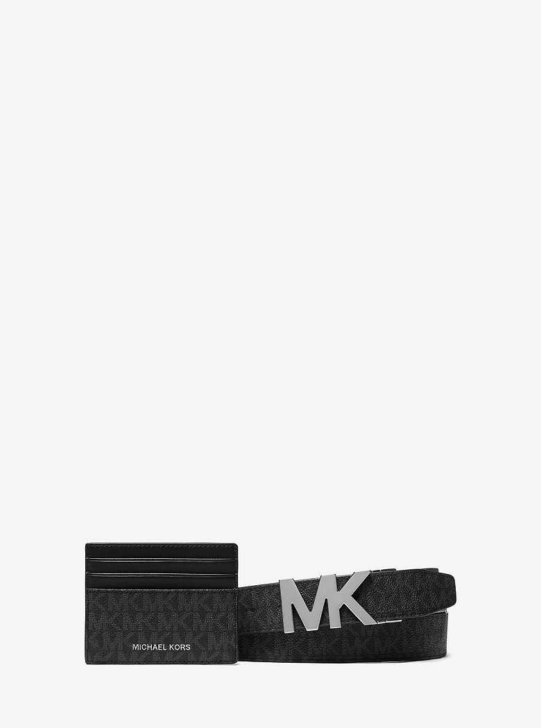 Michaelkors Signature Logo Card Case and Belt Gift Set Pretas | SN-MK28298