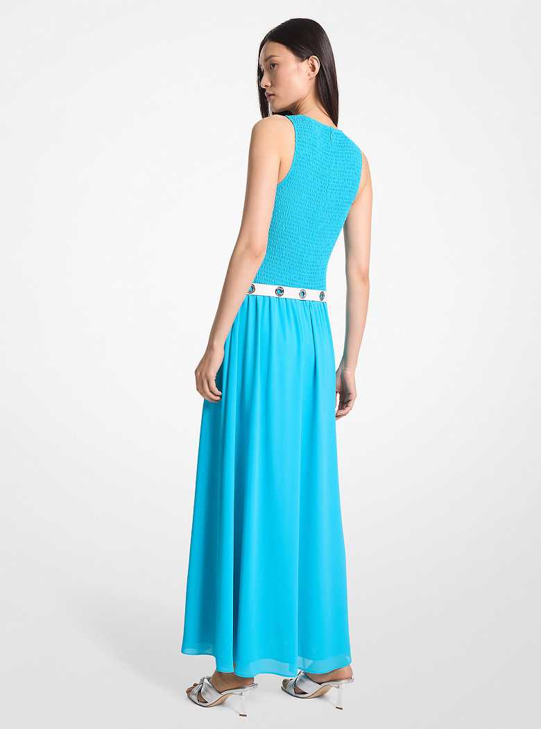 Michaelkors Smocked Georgette Maxi Azuis | SN-MK26652