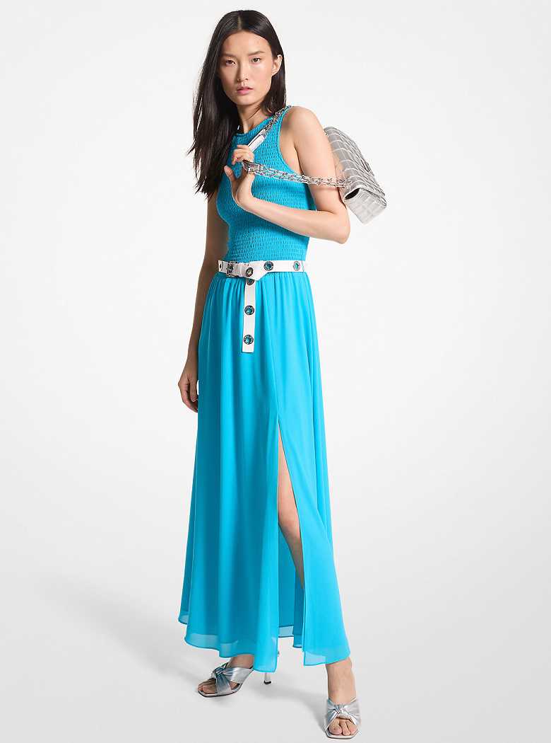 Michaelkors Smocked Georgette Maxi Azuis | SN-MK26652