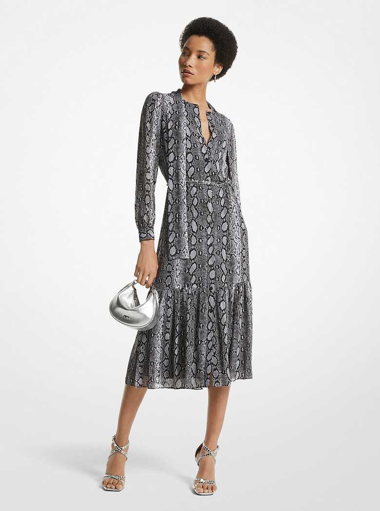 Michaelkors Snake Print Georgette Midi Pretas | SN-MK26754