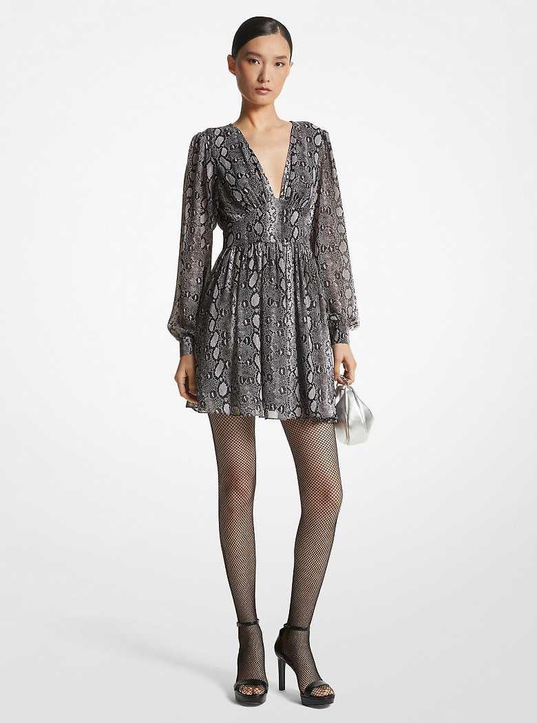 Michaelkors Snake Print Georgette V-Neck Pretas | SN-MK26755