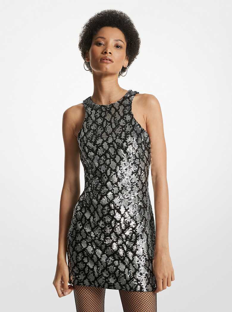 Michaelkors Snake Sequined Stretch-Tulle Tank Pretas Prateadas | SN-MK26724
