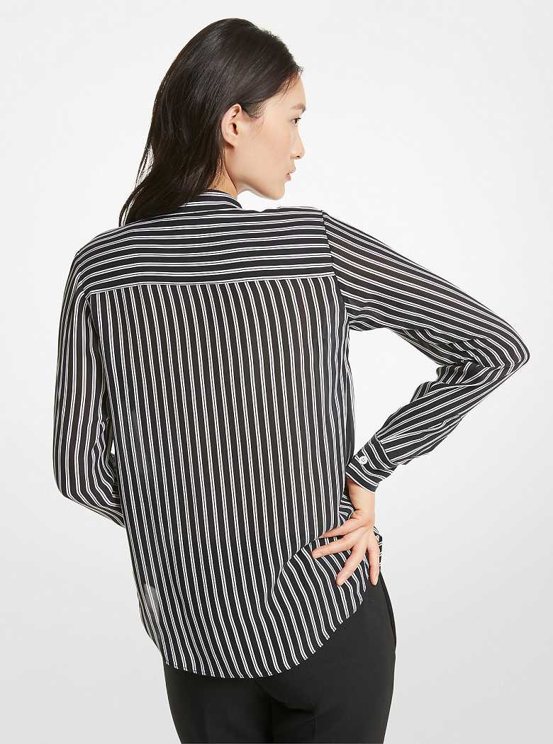 Michaelkors Striped Georgette Tie-Neck Blouse Pretas | SN-MK26522