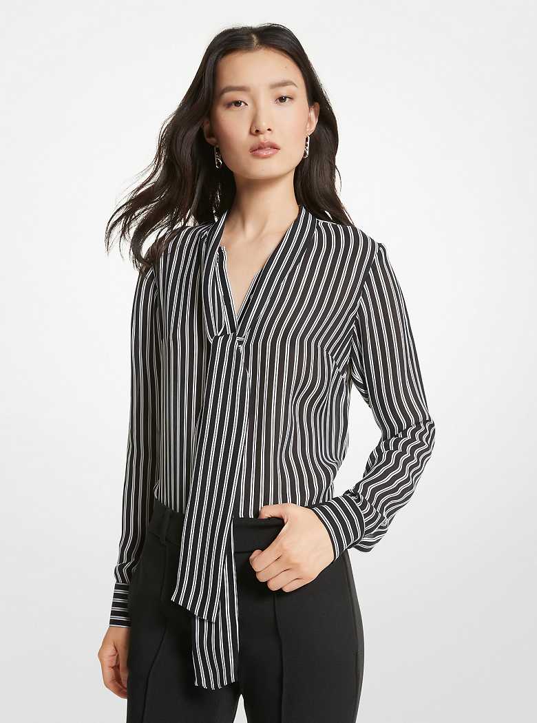 Michaelkors Striped Georgette Tie-Neck Blouse Pretas | SN-MK26522