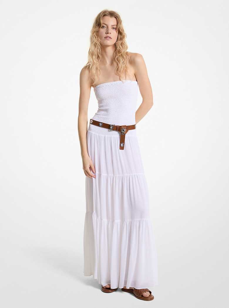 Michaelkors Tiered Smocked Georgette Maxi Branco | SN-MK26669