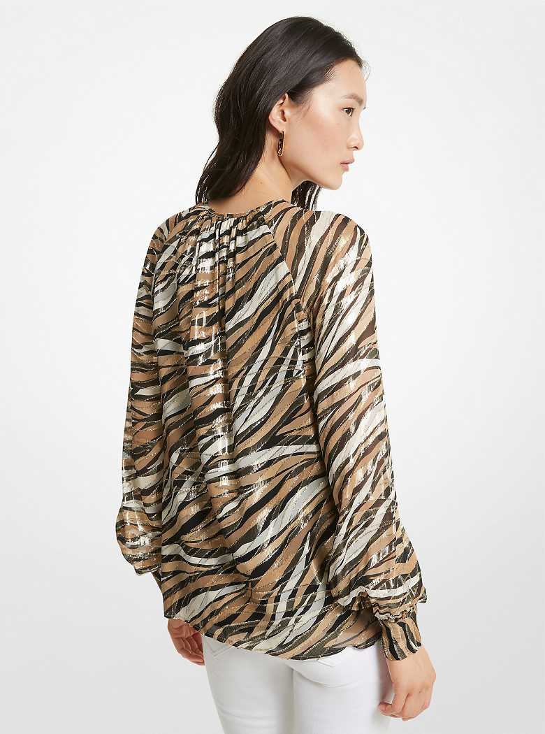 Michaelkors Tiger Fil Coupé Silk Blend Top Caqui | SN-MK26521