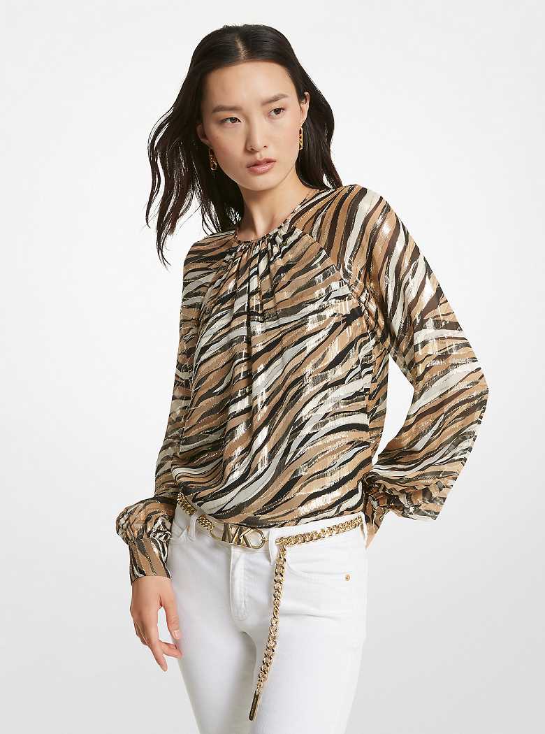 Michaelkors Tiger Fil Coupé Silk Blend Top Caqui | SN-MK26521