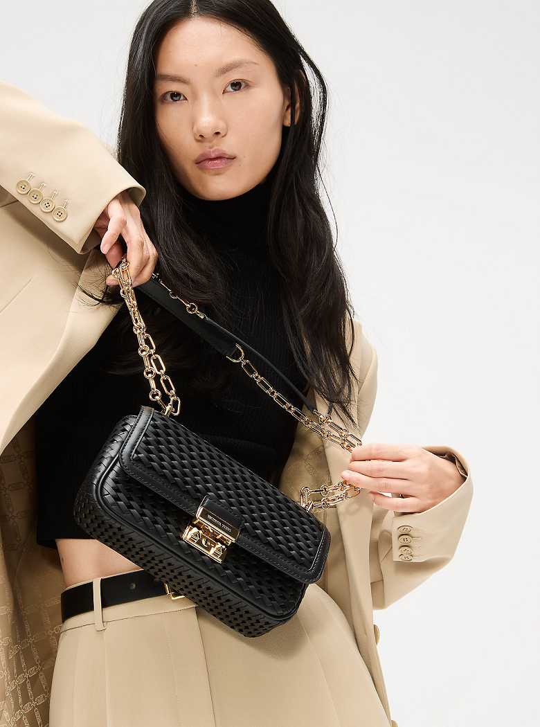 Michaelkors Tribeca Small Hand-Woven Leather Pretas | SN-MK26937