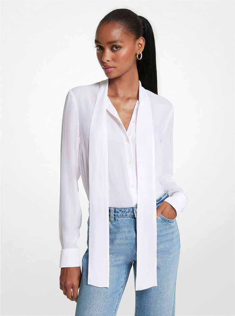 Michaelkors Viscose Blend Tie-Neck Blouse Bege | SN-MK26511